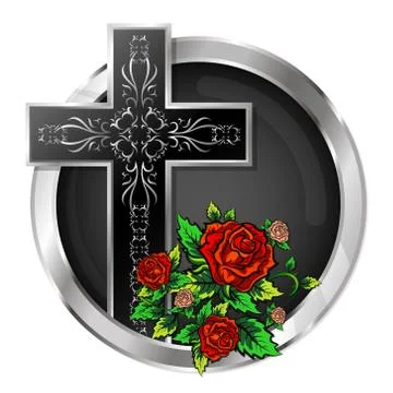 Cross with roses in a circle Stock Illustration