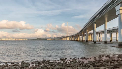 Cross sea bridge sunset Stock Footage 138747831