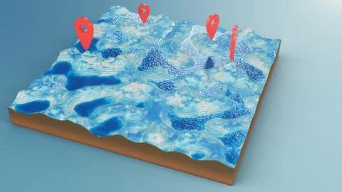 Cross section 3D Map with red point markers. Contour lines on a topographic map Stock Illustration