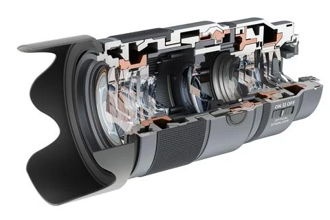 Cross section of camera lens view, 3D rendering Stock Illustration