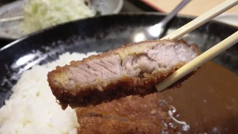 A cross-section of crispy pork cutlet with Japanese curry rice. Stock Footage 345361074