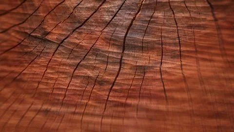 Cross-section of dry reddish-dark tree trunk with cracks. Blurred edges. Se.. Stock Photos