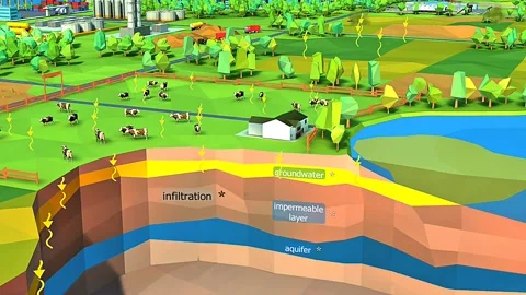 Cross section of the ground absorbing water pollution Stock Footage 320658768