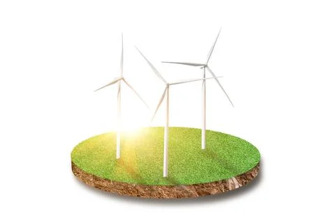Cross section ground of green grass field with wind turbine Isolated on white Stock Photos