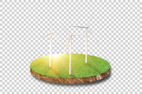 Cross section ground of green grass field with wind turbine Isolated on whi.. Stock Photos