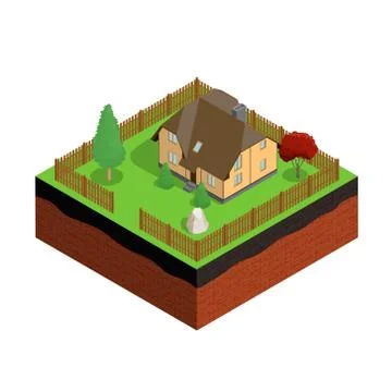 Cross section of ground with house. 3d isometric. Vector illustration. 스톡 일러스트