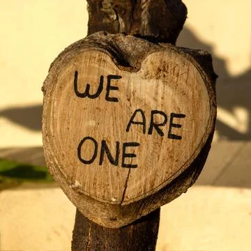 Cross-section of a heart-shaped tree trunk with the words "we are one" painted o Foto stock