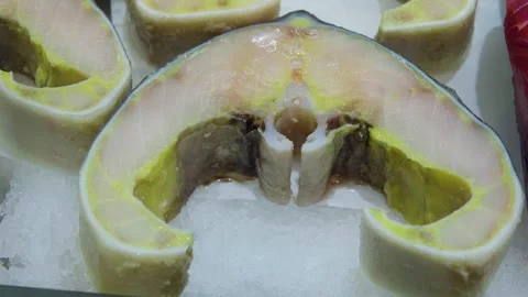 Cross Section Of Large Fish Steak On Ice In Market Display For Fresh Seafood Video stock 328802634
