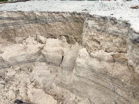Cross-Section of Layered Sand Sediments with Visible Mineral Striations Stock Photos