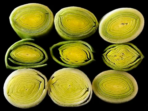 Cross-section of leek stem and leaves. Stock Photos
