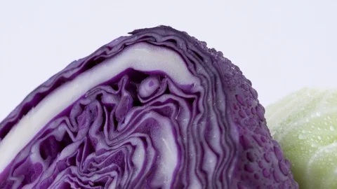 Cross section macro shooting of upper part of two mini cabbage halves with water 스톡 동영상 93845576