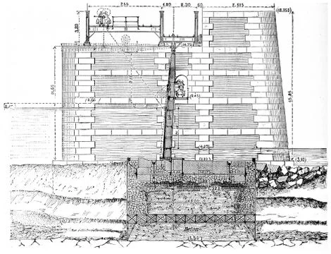 Cross section of a navigable channel of Poses dam indicating the position of  Stock Illustration