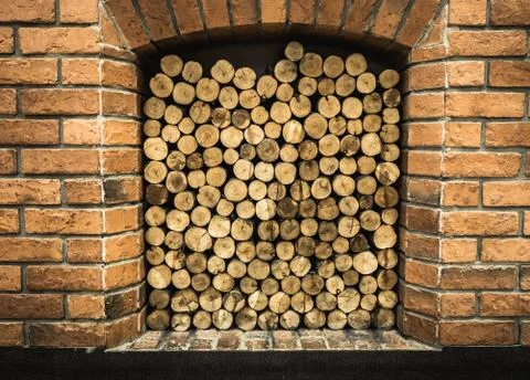 Cross section of pine logs ready for winter in the fireplace Stock-Fotos