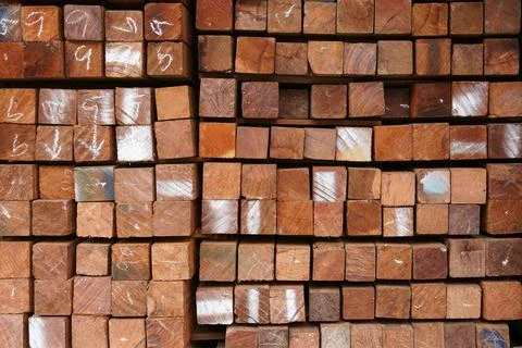 Cross section of sawn timber,Selection of freshly sawn timber material (beam) Stock Photos