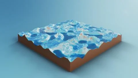 Cross section topographic 3D map with water. Contour lines on a topographic map Stock Illustration