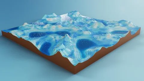 Cross section topographic 3D map with water. Contour lines on a topographic map Stock Illustration