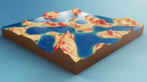 Cross section topographic 3D map with water. Contour lines on a topographic map Stock Illustration