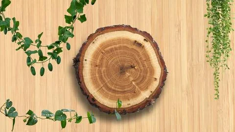 A cross-section of a tree trunk is centered on a light wooden background, showca Stock Photos
