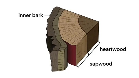 Cross-section of a tree trunk with labeled parts including outer bark Video stock 320248740