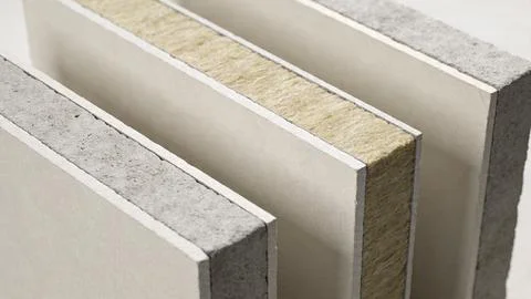 Cross section of wall construction layers showing insulation material, plaster a Stock Photos