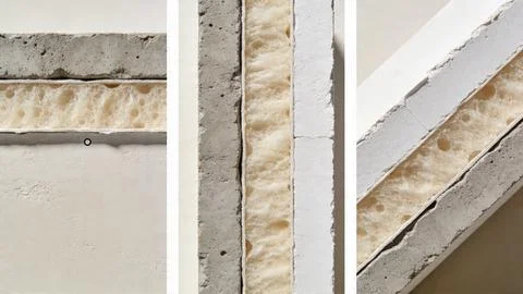 Cross section of wall construction layers showing insulation material, plaster a Stock Photos