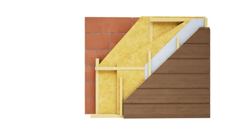 Cross section of wall structure: blocks, frame, insulation, wooden paneling. 動画素材 115369564