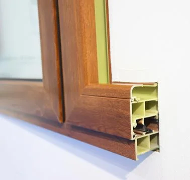 Cross section of window Design of pvc profiles for window, triple glazing cro Stock Photos