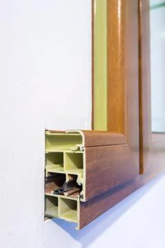 Cross section of window Design of pvc profiles for window, triple glazing cro Stock Photos