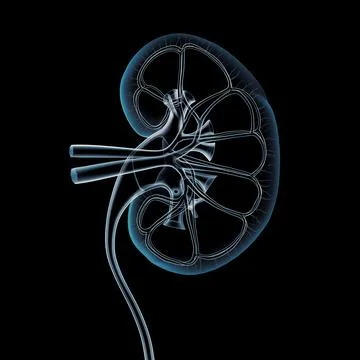 Cross-section x-ray of human kidney, veins, arteries, ureter Stock Illustration