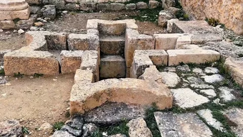 Cross Shaped Baptismal Font in Ancient Alahan Monastery Stock Footage 306942015