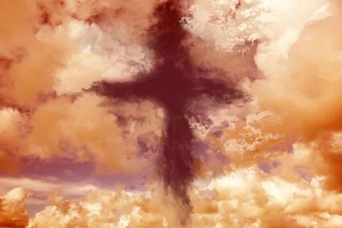 Cross-shaped dark cloud formation is drifting across flat vector sky with warm Illustrazione stock