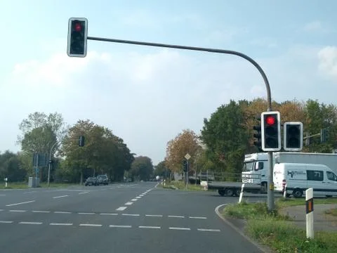 Cross shaped intersection with traffic lights on red Stock Photos