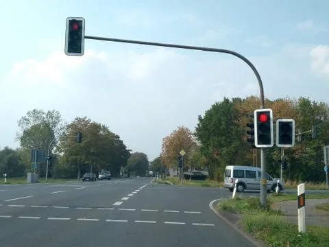 Cross shaped intersection with traffic lights on red Stock Photos