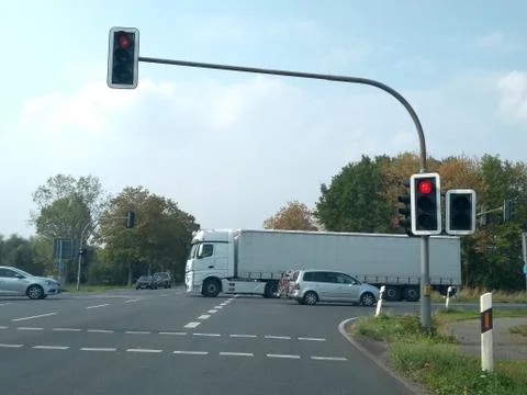 Cross shaped intersection with traffic lights on red Stock Photos