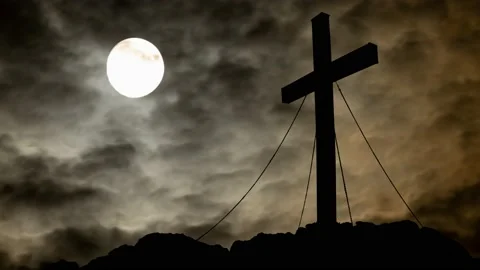 Cross in Silhouette By Night, Time Lapse with Dark Atmosphere, Fog, Smoke Stock Footage 152935351
