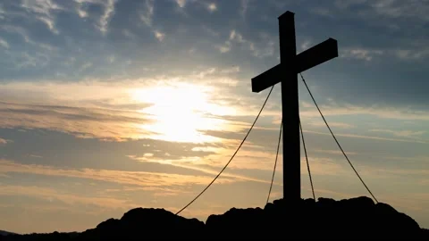 Cross in Silhouette on Top Of Mountain, Time Lapse at Sunrise Stock Footage 152935339