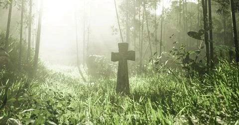 Cross standing alone in misty forest with sunlight filtering through trees Stock Illustration