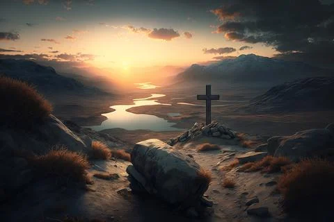 The cross stands in hills and valleys Stock Photos
