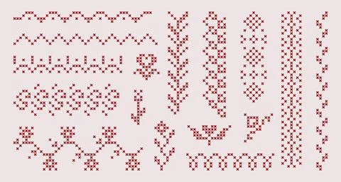 Cross stitch border patterns with floral frames Stock Illustration