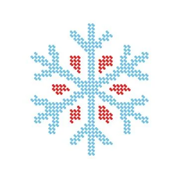 Cross stitch embroidery pattern of a blue and red snowflake. Stock Illustration