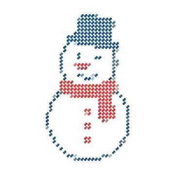 Cross stitch embroidery pattern of a cute snowman wearing a hat and scarf. Stock Illustration