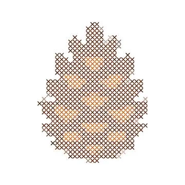Cross stitch embroidery pattern of a pine cone for autumn season design. Stock Illustration