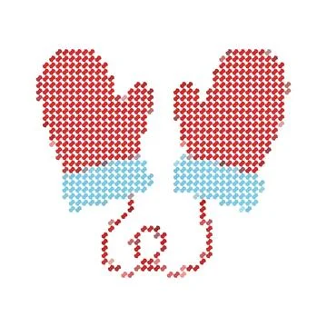 Cross stitch embroidery pattern of red winter mittens with blue cuffs. Stock Illustration