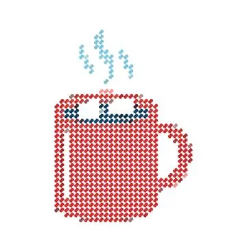 Cross stitch embroidery pattern of a red mug with hot beverage. Stock Illustration
