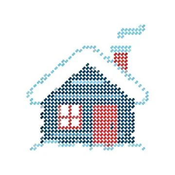 Cross stitch embroidery pattern of a small cozy winter cabin with smoke. Stock Illustration