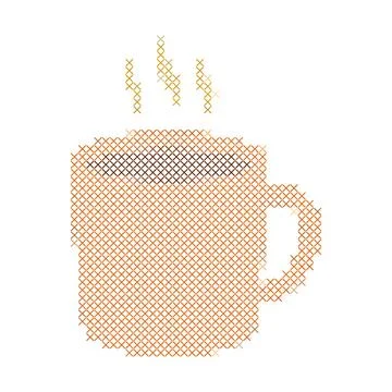 Cross stitch embroidery pattern of a steaming autumn coffee mug icon. Stock Illustration