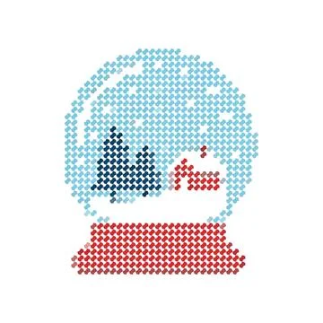 Cross stitch embroidery pattern of a winter snow globe with trees and house. Stock Illustration