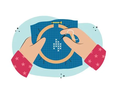 Cross stitch on the fingers. Creative activity. Illustrazione stock