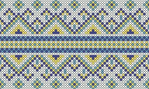 Cross-stitch pattern of blue and yellow stripes in an ethnic native style. 스톡 일러스트