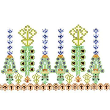 A cross stitch pattern border depicting a serene row of trees Stock Illustration